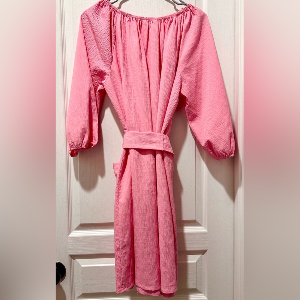 Elizabeth & James On/Off Shoulder Uptown Dayglow Peasant Belted Shift Dress Pink - Picture 7 of 10